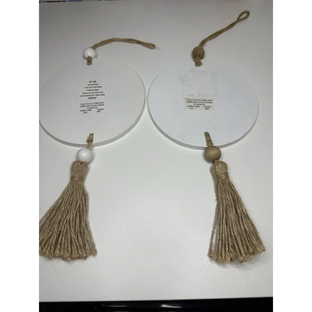 Set of 2 Wooden Plant Wall Hanging Decor Round Signs Tassel Boho Farmhouse